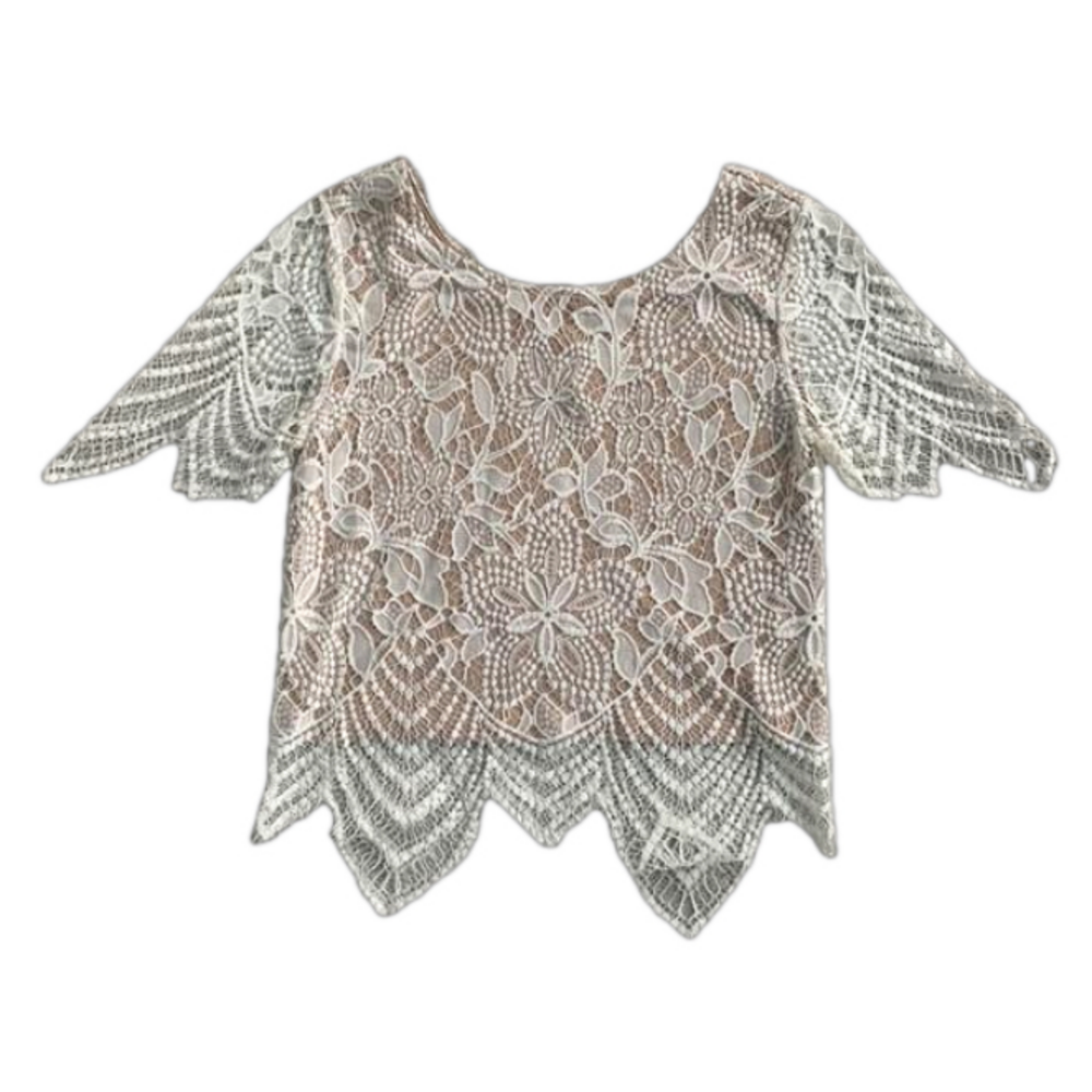 Express Cream Lace Eyelash Floral Lace Nude Lined Scalloped Hem Blouse Top XS